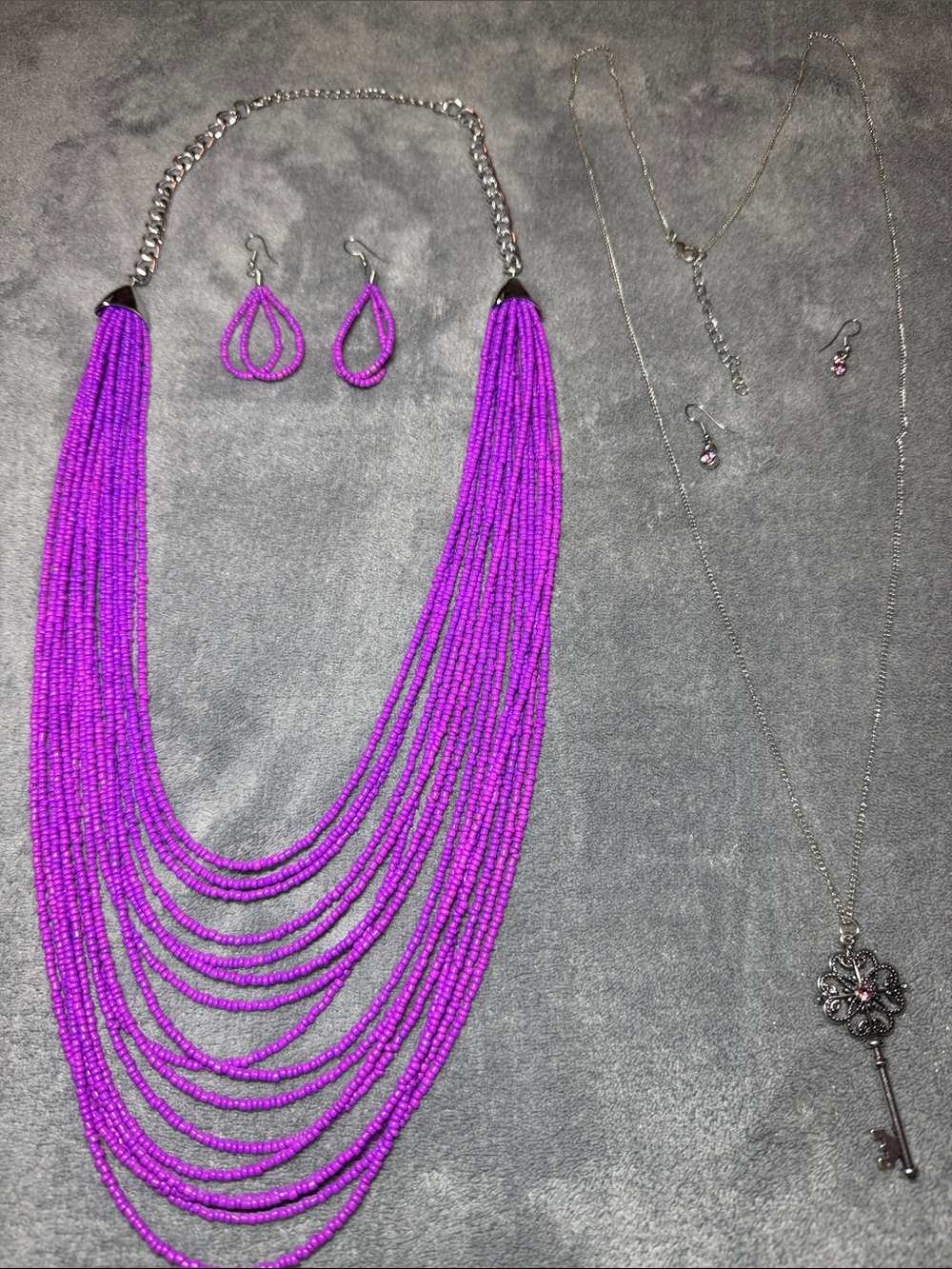 Beaded Multi-Strand Purple Necklace and Key necklace with Matching Earrings